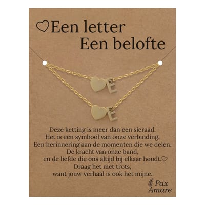 Letter E ketting + armband set op Cadeau Kaartje - Een letter, een belofte - Goudkleurig Stainless Steel - Initiaal & Hartje Hanger - Pax Amare