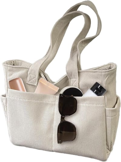 Dames corduroy strandtas, grote tote bag met rits, ideaal voor winkelen, werk en reizen, beige kleur
