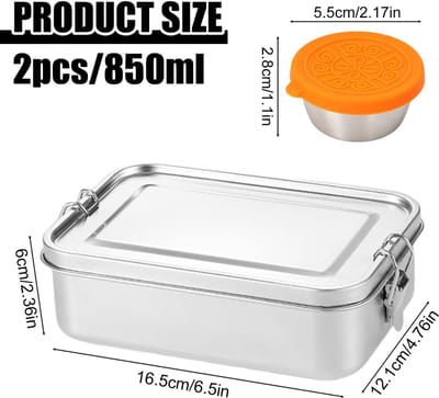 2-delige roestvrijstalen lunchboxset, 850 ml roestvrijstalen lunchbox met compartimenten, bentobox met 2 dipschaaltjes, lekvrije lunchbox voor picknicks, kamperen, werk, stapelbaar, BPA-vrij