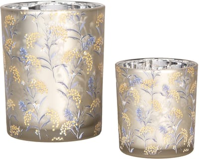 Clayre & Eef Theelichthouder Set van 2 Ø 7x8 / 10x13 cm Grijs Glas Bloemen