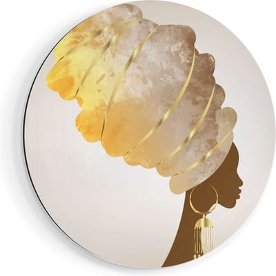 Artaza Dibond Muurcirkel - Afrikaanse Vrouw Met Gouden Tulband  - Ø 80 cm - Groot - Wandcirkel - Rond Schilderij - Voor Binnen en Buiten