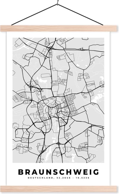 Posterhanger incl. Poster 40x60 cm - Schoolplaat - Duitsland - Stadskaart - Kaart - Plattegrond - Braunschweig - Textielposter - Blanke latten - Stadskaart