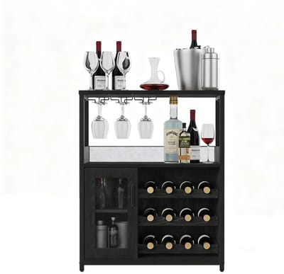 Stervia Wijnrek - Wijnkast - Opbergkast - Buffetkast - Met Glazenhouder - Met glazen deur - Zwart - Dressoir - 35 x 69 x 92 cm