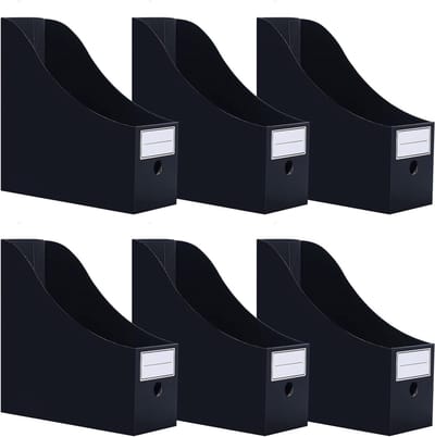 Stijlvolle tijdschriftenhouder met labels, 6-delig, van stevig karton, 10 cm hoog, zwart, perfect voor organisatie en decoratie