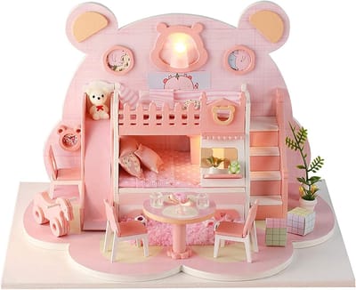 Houten Poppenhuis - Miniatuur Model - Hobby Knutselen - Met LED Verlichting - 21 x 15 x 16 cm