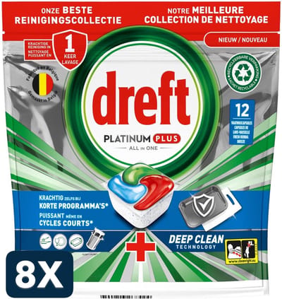 8 x Dreft Platinum Plus Vaatwastabletten Deep Clean (12 tabletten)