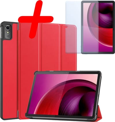 Hoesje Geschikt voor Lenovo Tab M10 5G - Met Screenprotector - Trifold Bookcase - Hard Cover - Hardcover Book Case - Tablet Hoes - Rood