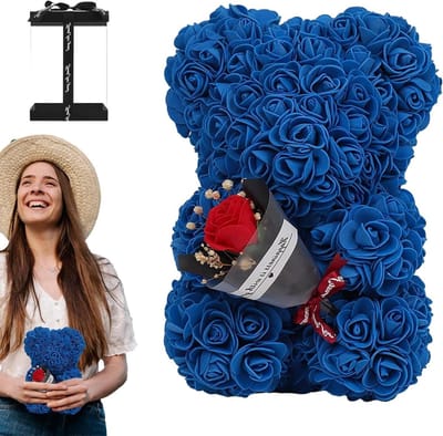 Rozen Beer - Bloemen Beer - Cadeau Geven - Handgemaakt - 24 x 16 cm - Donkerblauw