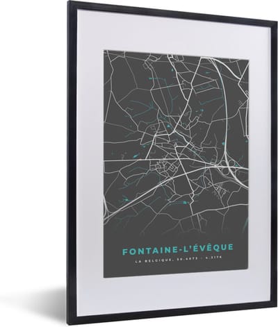 Fotolijst incl. Poster - Stadskaart – Grijs - Kaart – Fontaine l'Évêque – België – Plattegrond - 30x40 cm - Posterlijst