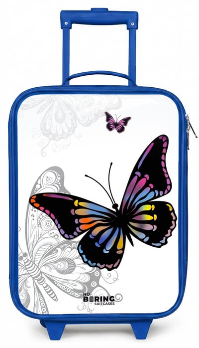 NoBoringSuitcases.com® - Kinderkoffer blauw - Kindertrolley jongen - Petal papillon - Koffer kind lichtgewicht - Reiskoffer trolley voor kinderen - Koffertje met lichtgevende wieltjes - Rolkoffer