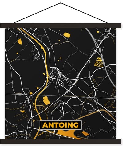 Posterhanger incl. Poster 60x60 cm - Schoolplaat - Antoing - Kaart - Goud - Plattegrond - Stadskaart - Textielposter - Zwarte latten - Stadskaart
