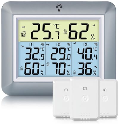 Urageuxy Draadloos weerstation met 3 buitensensoren, weerstation met 100 m bereik, digitale hygrometer, thermometer met achtergrondverlichting, min/max-opname, eenvoudige bediening, grijs