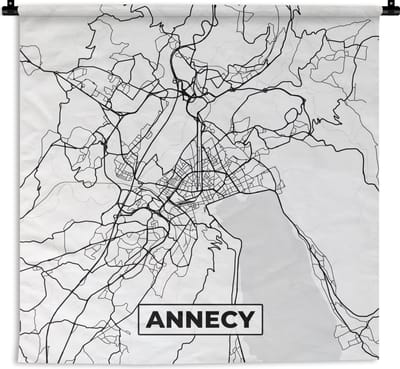 Wandkleed - Wanddoek - Frankrijk - Kaart - Plattegrond - Annecy - Stadskaart - Zwart wit - 180x180 cm - Wandtapijt