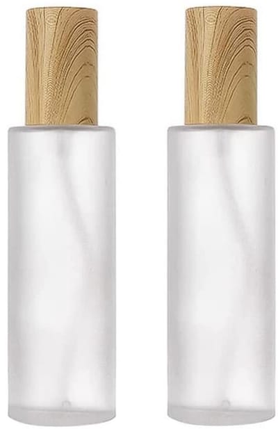 Dailygoods- Lotion Pomp Flessen 120ml - 2 Stuks - Lege Hervulbare Dispenser - Glas met Houtstructuur Deksel - Cosmetische Container - Antilek Ontwerp - Pompflessen