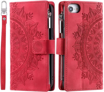 Telefoonhoesje geschikt voor iphone 17e / iphone 16e - Portemonnee met rits - book-case hoesje - ruimte voor 7 pasjes - mandala bloemen rood