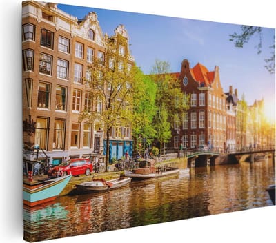Artaza Canvas Schilderij Amsterdamse Grachten - 60x40 cm - Wanddecoratie Amsterdam - Muurdecoratie Woonkamer - Schilderijen Op Canvas Stad