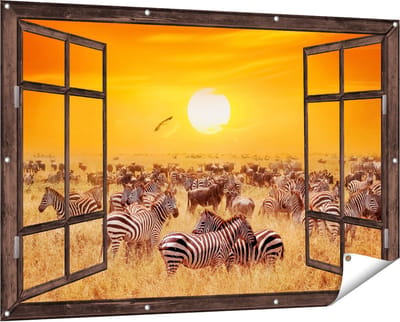 Gards Tuinposter Doorkijk Kudde Zebra's bij een Oranje Zonsondergang - 150x100 cm - Tuindoek - Tuindecoratie - Wanddecoratie buiten - Tuinschilderij