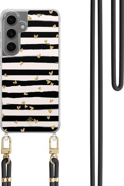 Casimoda® hoesje met koord - Geschikt voor Samsung S24 - Hart Streepjes - Afneembaar koord - TPU/polycarbonaat - Zwart