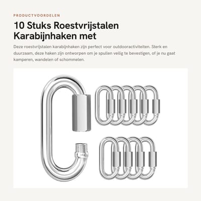 Dailygoods- Karabijnhaak 10 Stuks - Roestvrij Stalen Karabijnhaak - Snelsluiting - D-vormige Karabijnhaak - 80 kg Draagvermogen - Waterdicht en Corrosiebestendig - Haak