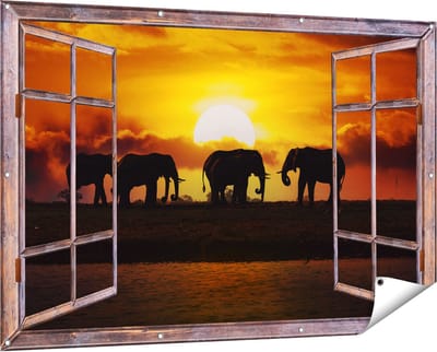 Gards Tuinposter Doorkijk Silhouet Olifanten tijdens Zonsondergang - 150x100 cm - Tuindoek - Tuindecoratie - Wanddecoratie buiten - Tuinschilderij