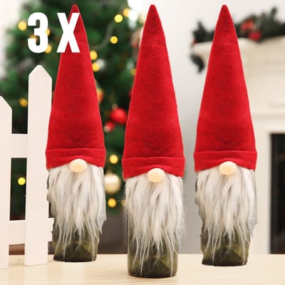 Allernieuwste® SET van 3 STUKS Wijn Fles Hoes Zak Kabouter van Stof Kerst Cadeau Wijnfles Verpakking - Kerst Wijn Geschenkzak Wijnzak Wijnhoes Kerstdagen - Wijn Kado Kerstmis - SET 3 STUKS - Rood