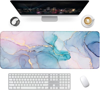 Gaming Mouse Mat 800 x 300 mm, Desk Mat with Non-Slip Rubber Base, Desk Mat for Keyboard, PC, Laptop (Pink Marble Cyan)