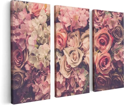 Artaza Canvas Schilderij Drieluik Roze Rozen Achtergrond - Retro - Bloemen - 120x80 cm - Wanddecoratie Woonkamer - Schilderijen - Muurdecoratie