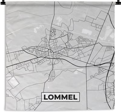Wandkleed - Wanddoek - Stadskaart – Plattegrond – België – Zwart Wit – Lommel – Kaart - 180x180 cm - Wandtapijt