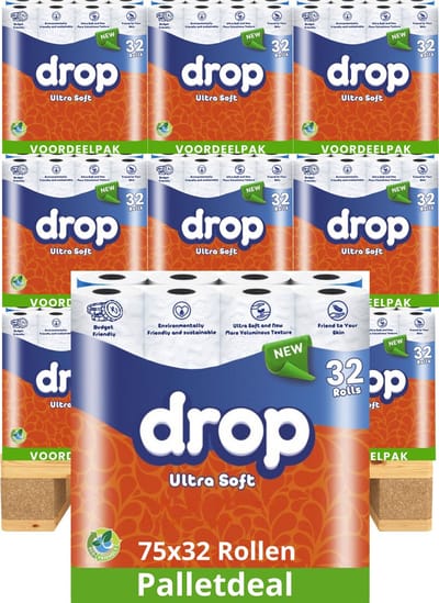 DROP - Ultra Soft - 75x32 rollen toiletpapier - 2400 Rollen - Palletvoordeel – Ultiem comfort WC Papier, Superieure sterkte, Maximale absorptie & Pluisvrij - Voordeelverpakking WC Papier
