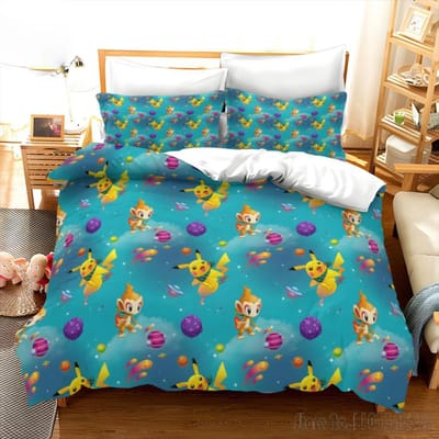 Pokemon Beddengoed Set Cartoon Anime Kinder Slaapkamer Dekbedovertrek Jongen Meisje Beddengoed Enkel Dubbel King Pikachu Dekbedovertrek Cadeau AU King(245*210cm)3pcs