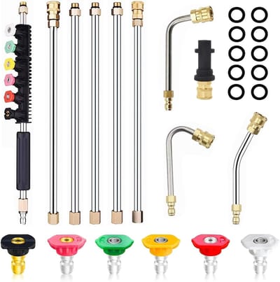 Complete Set van 10 Stuks Hogedrukreinigers Lansen met Adapter, 6 Spuitkoppen en 3 Gebogen Stangen voor Effectieve Reiniging en Snel Koppelen