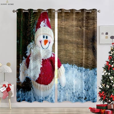 Leuke Cartoon Sneeuwpop Kerstdecoratie Gordijnen Slaapkamer Restaurant Nieuwjaar Vakantiefeest Decoratie Gordijnen 2 Stuks W50xH140(CM)x2PCS&Grommet Top