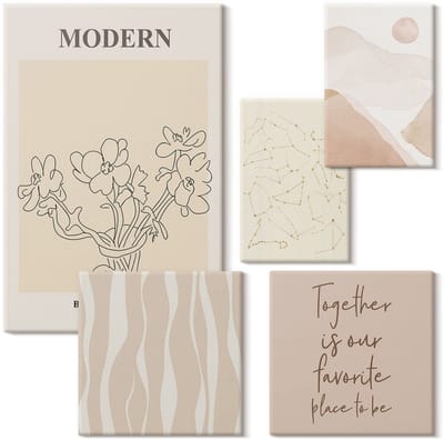 Wallfluent Set van canvas schilderijen - Moderne minimalistische stijl met abstracte motieven Canvas Schilderijen Set - Set van 5 Canvas Schilderijen - Beige Set van Canvas Prints - Abstractie Canvas Kunst Set - Boheemse Canvas Kunst Set