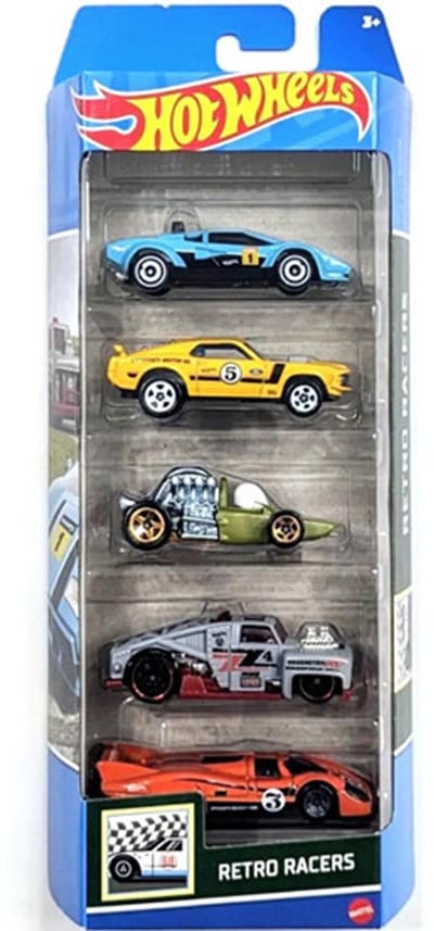 HOT WHEELS 5 CARS IN BOX LAMBORGHINI COUNTACH PACE CAR, '70 FORD MUSTANG MACH1 HEAD STARTER, ERIKSTEIN ROD AND PORSCHE 917 LH (HTV50-JA10C) RETRO RACERS 1:64