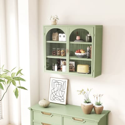 DESMIU Wandkast - Twee Deuren Met Glas En Geweven Patroon - Voor Hal Woonkamer Badkamer En Eetkamer - Metaal En Glas - 70 Cm - Groen