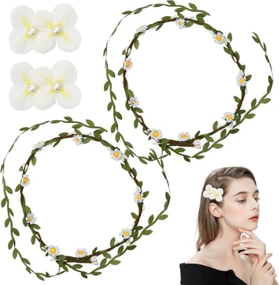 Bloemenkrans Hoofdband - Bloemen Haarband - Feestelijk Accessoire - Realistisch Design - 17 cm Diameter - Wit Groen