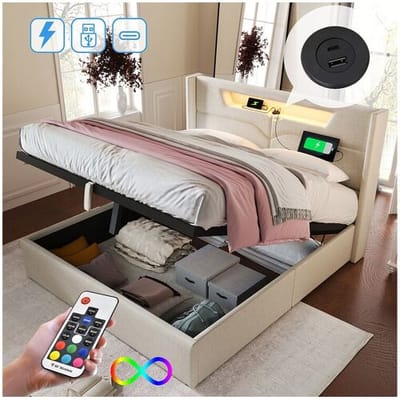Merax Opbergbed voor volwassenen 140 x 200 cm met hoofdeinde - USB + Type C + LED's - linnen stof - beige