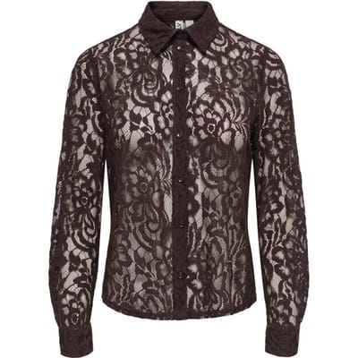 Only bruine dames blouse   Punt kraag   Regular fit   Kant patroon   Knoopsluiting   Lange mouw Bruin L