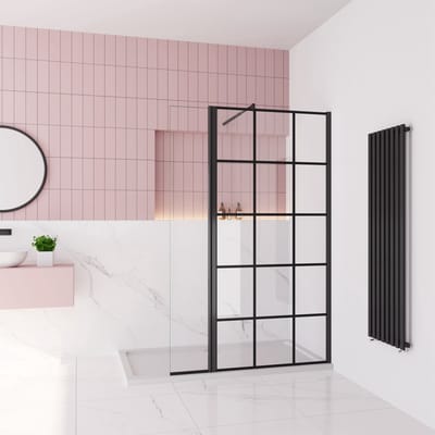 Inloopdouche 80x200cm met mat Zwart kader en raster,8mm NANO EasyClean veiligheidsglas,stabilisatiestang 70-120cm,draaibaar hoekprofiel 30x200cm