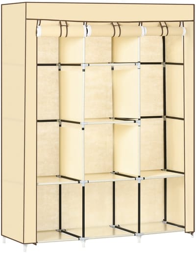 Merax Stoffen Kledingkast met 2 Kledingroedes en 8 Legplanken - Opvouwbare Garderobekast met Rits en Klittenband - Stalen Frame - Beige - 125x43x162,5 cm