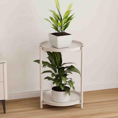 2-Laags Metalen Bijzettafel met Uitneembare Schalen - Compact Nachttafeltje of Plantenstandaard voor Binnen en Buiten, 40 cm, Wit