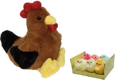 Decoris Pluche bruine kippen knuffel - 25 cm - met 6x stuks mini kuikentjes 4 cm - Paas/pasen decoratie