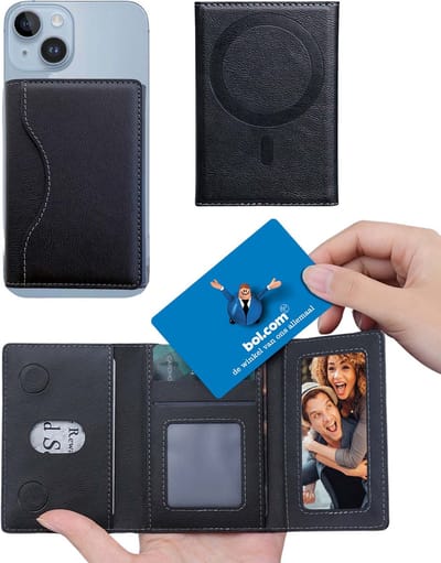 Ainy - Magnetische pasjeshouder zwart | Geschikt voor magsafe hoesje of Apple iPhone 12 / 13 / 14 / 15 / 16 / 17 ( plus / pro / max ) | Magnet wallet | Kaarthouder 5 vakjes voor pasjes | Uitklapbare telefoonstandaard / houder voor dames en mannen