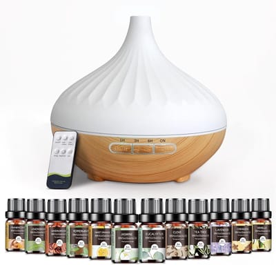 SnelShoppen - 500ml Aroma Diffuser met 12 x 5ml Essentiële Olie Set, Ultrasonic Luchtbevochtiger met 7-Kleur LED Verlichting, Houtlook, Perfect voor T