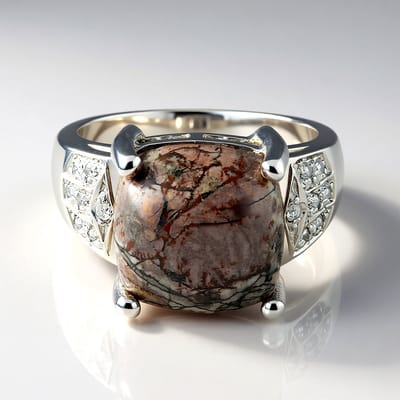 Cavill - Zilveren ring met 5,71 ct Sonora Dendrieten Jaspis & 0,099 ct Witte Topaas - 925 Sterling Zilver - Antieke Kussencabochon, Robuust en Uniek