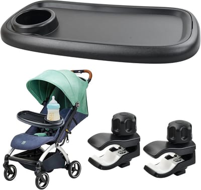 kinderwagendienblad voor kinderwagen, 41 x 20 cm, afneembaar snackdienblad met bekerhouder, 360 graden draaibaar, verstelbaar voor de meeste kinderwagens