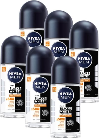 NIVEA MEN Black & White Ultimate Impact Anti-Transpirant Deo Roller - Deodorant - Voordeelverpakking - 6 x 50ml