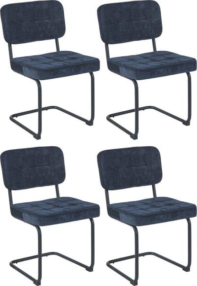 Colenis - Buisframe Stoel Kita - Eetkamerstoel - Set van 4 - Donkerblauw - Chenille Stof - Metalen Frame - Industrieel Design