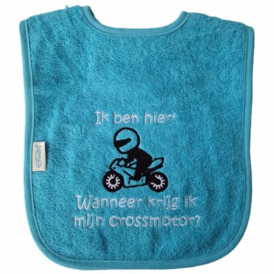 Blauwe (turquoise) slab met "Ik ben hier! Wanneer krijg ik mijn crossmotor?" - motor, motorrijden, stoer, crossen, blauw, blauwe, kraamcadeautje