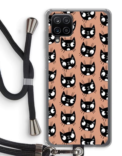 Case Company® - Hoesje met koord geschikt voor Samsung Galaxy A12 hoesje met Koord - Kat - Telefoonhoesje met Zwart Koord - Bescherming aan alle Kanten en Over de Schermrand